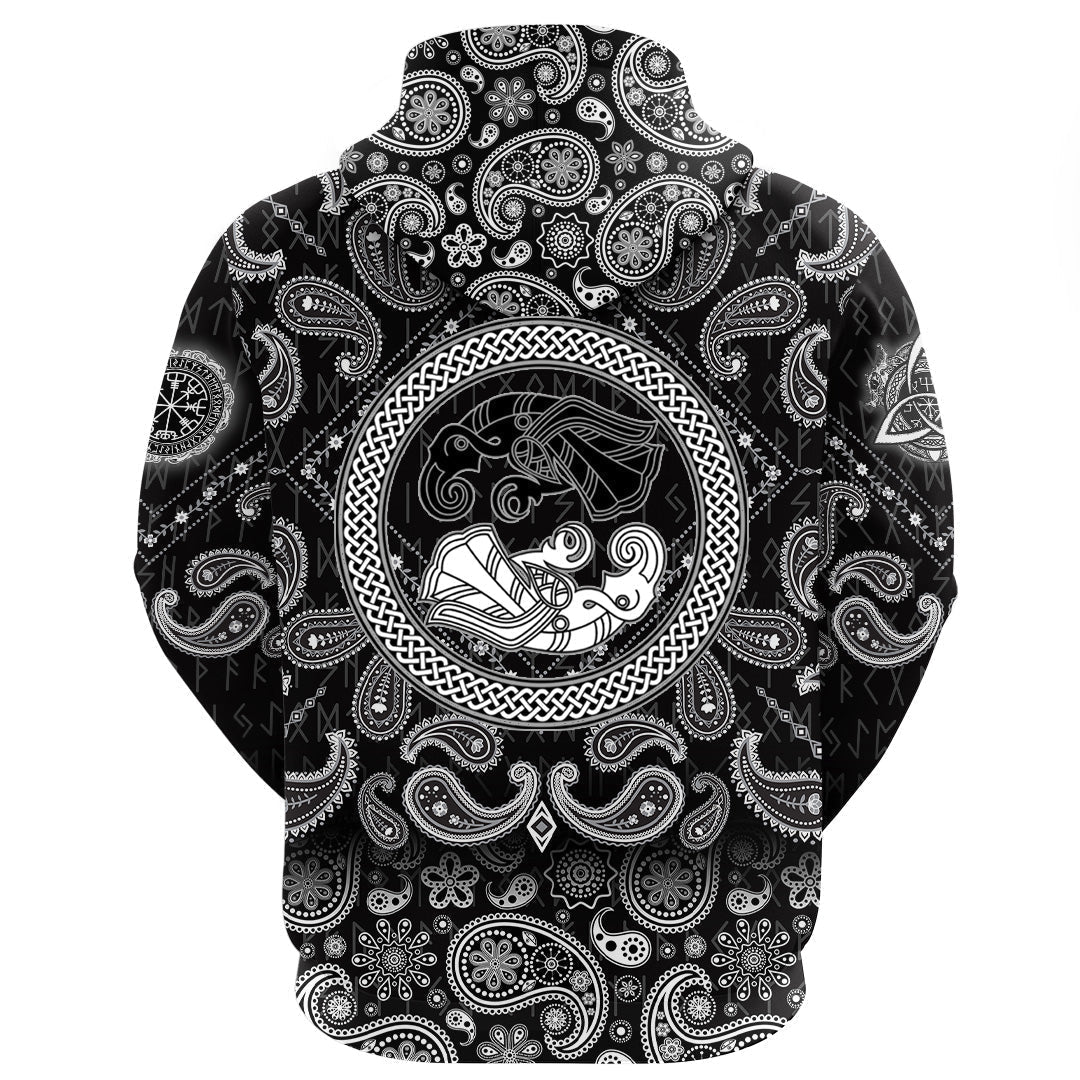 Viking Hoodie Two Ravens Of The God Odin In Scandinavian Style with Bandana Paisley Style RLT12 - Wonder Print Shop