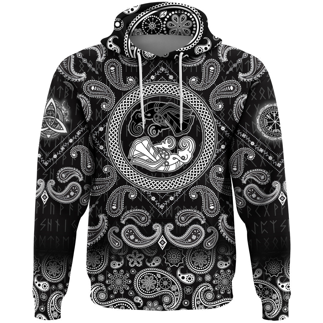 Viking Hoodie Two Ravens Of The God Odin In Scandinavian Style with Bandana Paisley Style RLT12 - Wonder Print Shop