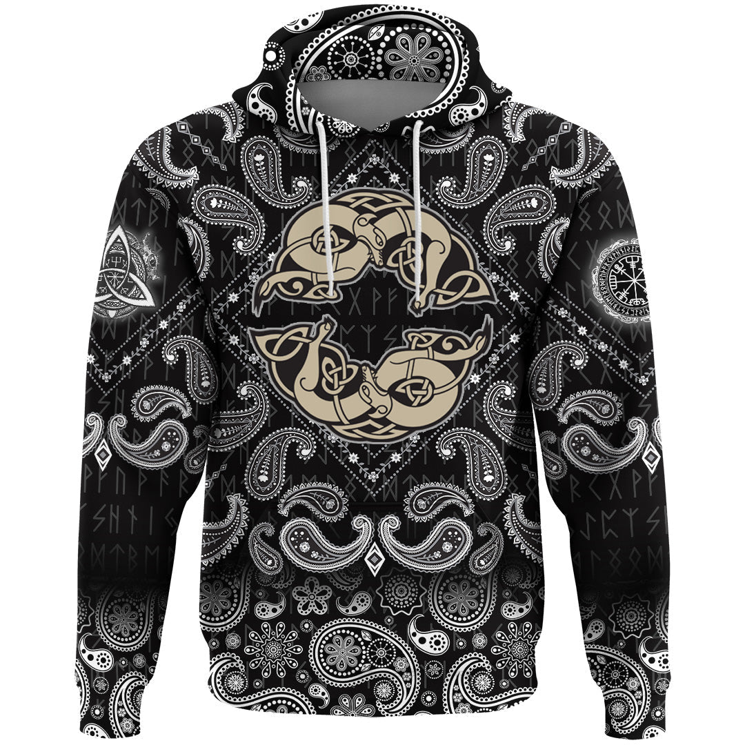 Viking Hoodie Two Wolves Of Odin Geri and Freki Scandinavian and Celtic Style with Bandana Paisley Style RLT12 - Wonder Print Shop