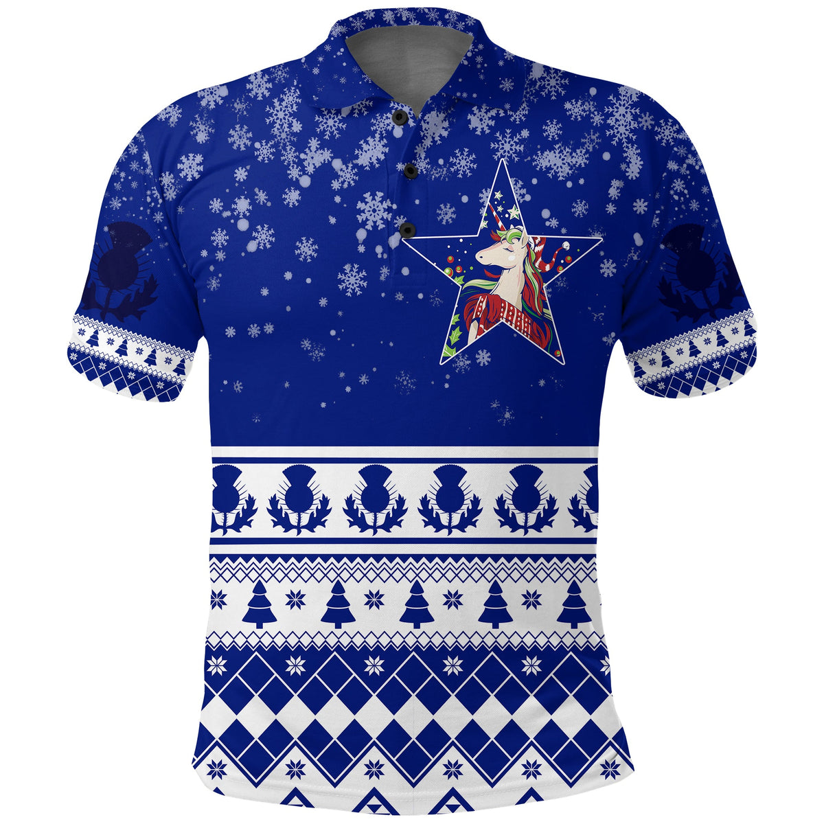Winter Scottish Unicorn and Thistle Pattern Polo Shirt - Wonder Print Shop