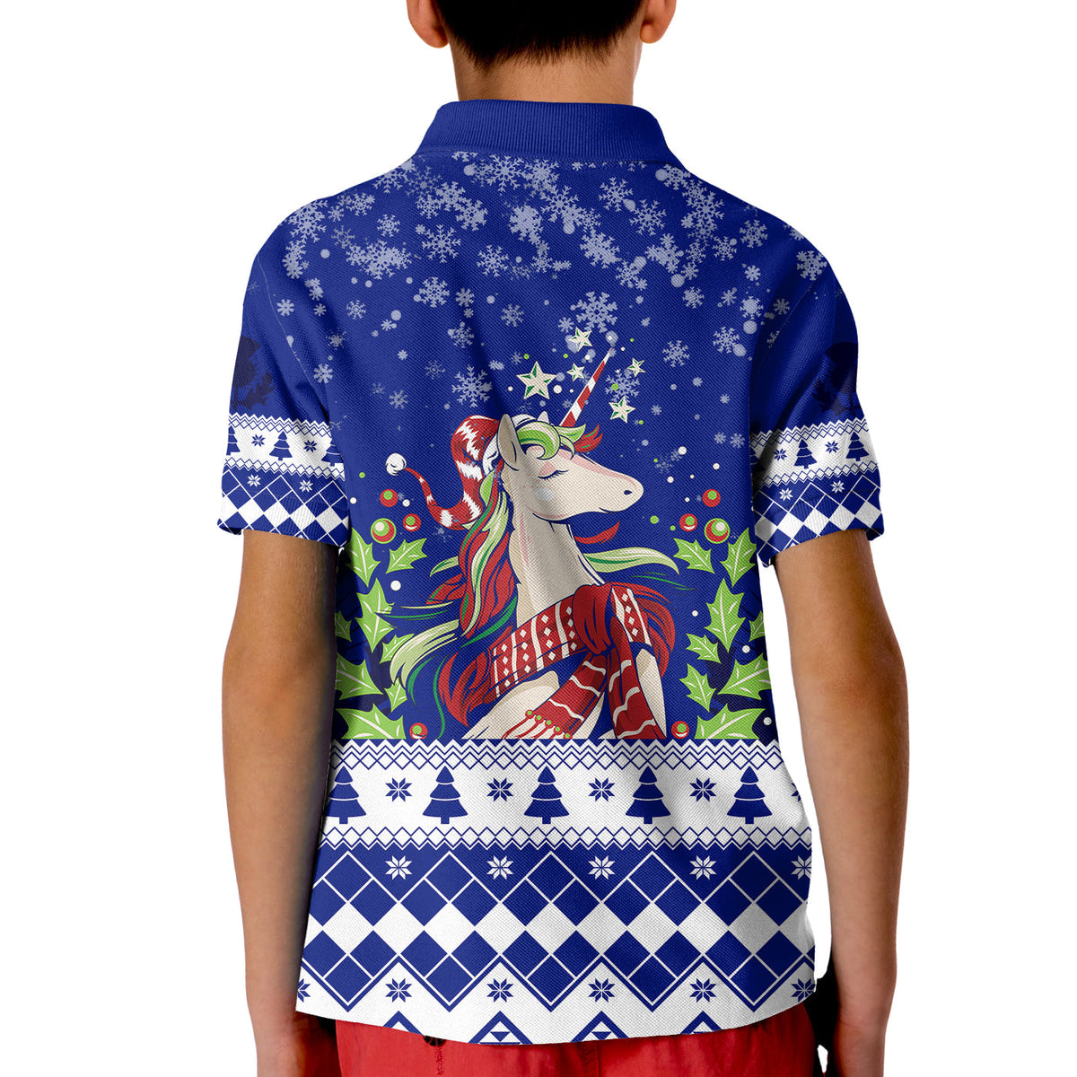 Kids blue polo shirt back with unicorn, trees, snowflakes and diamond fairisle hem