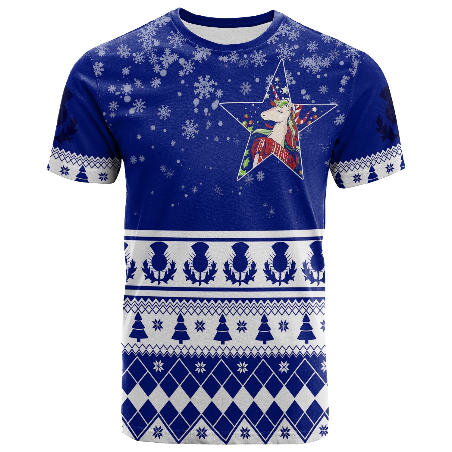 Winter Scottish Unicorn and Thistle Pattern T Shirt - Wonder Print Shop