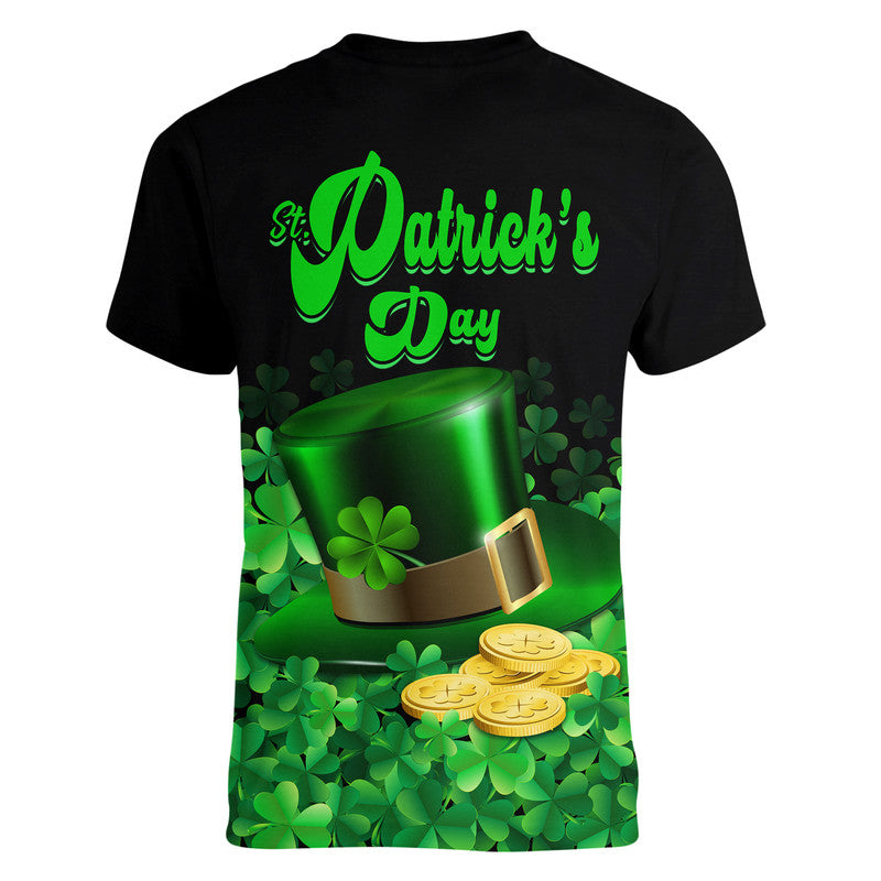 St Patricks Day V Neck T Shirt Green Leprechaun Hat With Clover Leaf - Wonder Print Shop