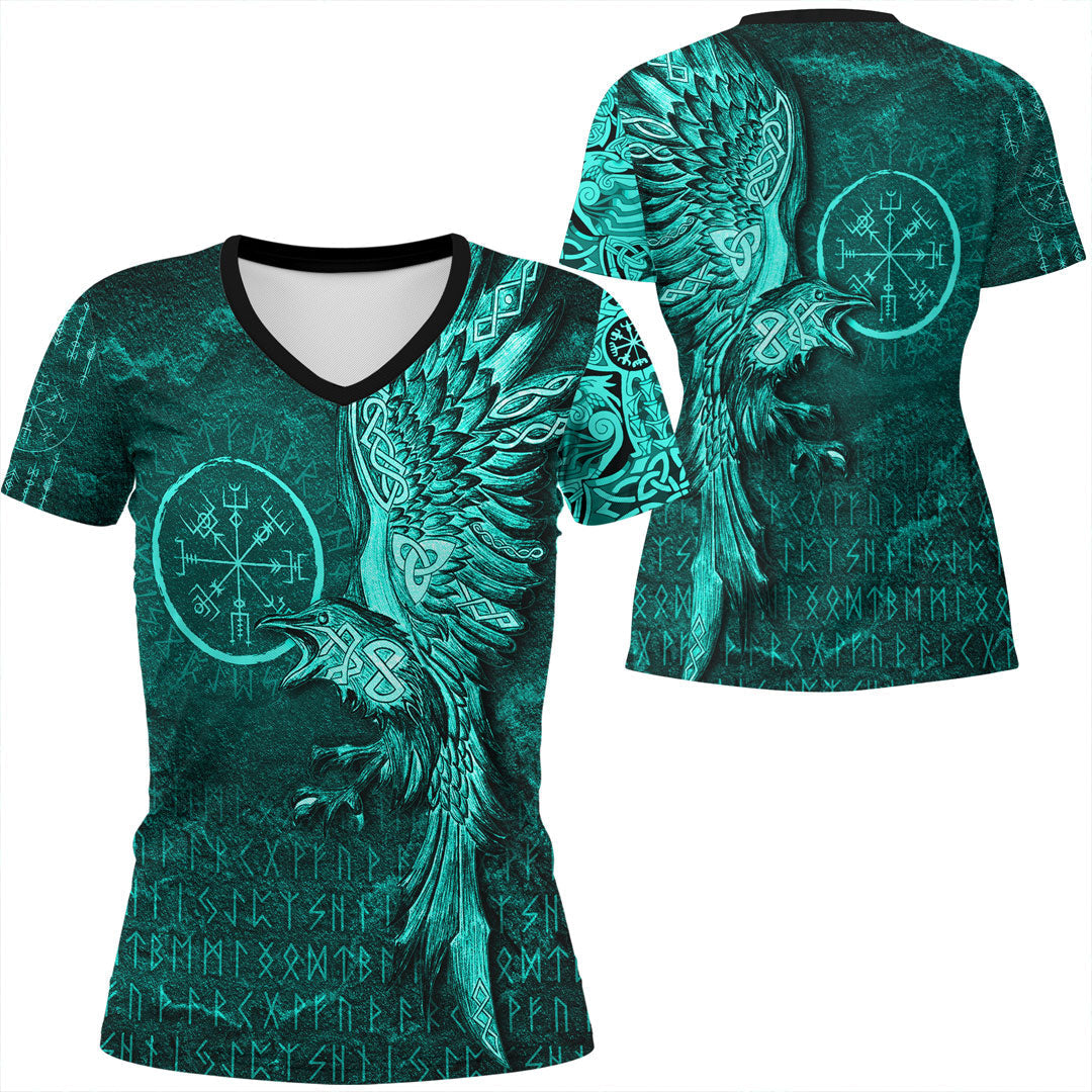 Viking Clothing Vegvisir With Raven Viking Compass V Neck T shirt Cyan Version RLT12 - Wonder Print Shop