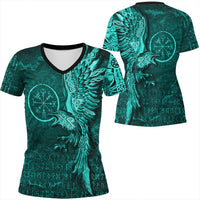 Viking Clothing Vegvisir With Raven Viking Compass V Neck T shirt Cyan Version RLT12 - Wonder Print Shop