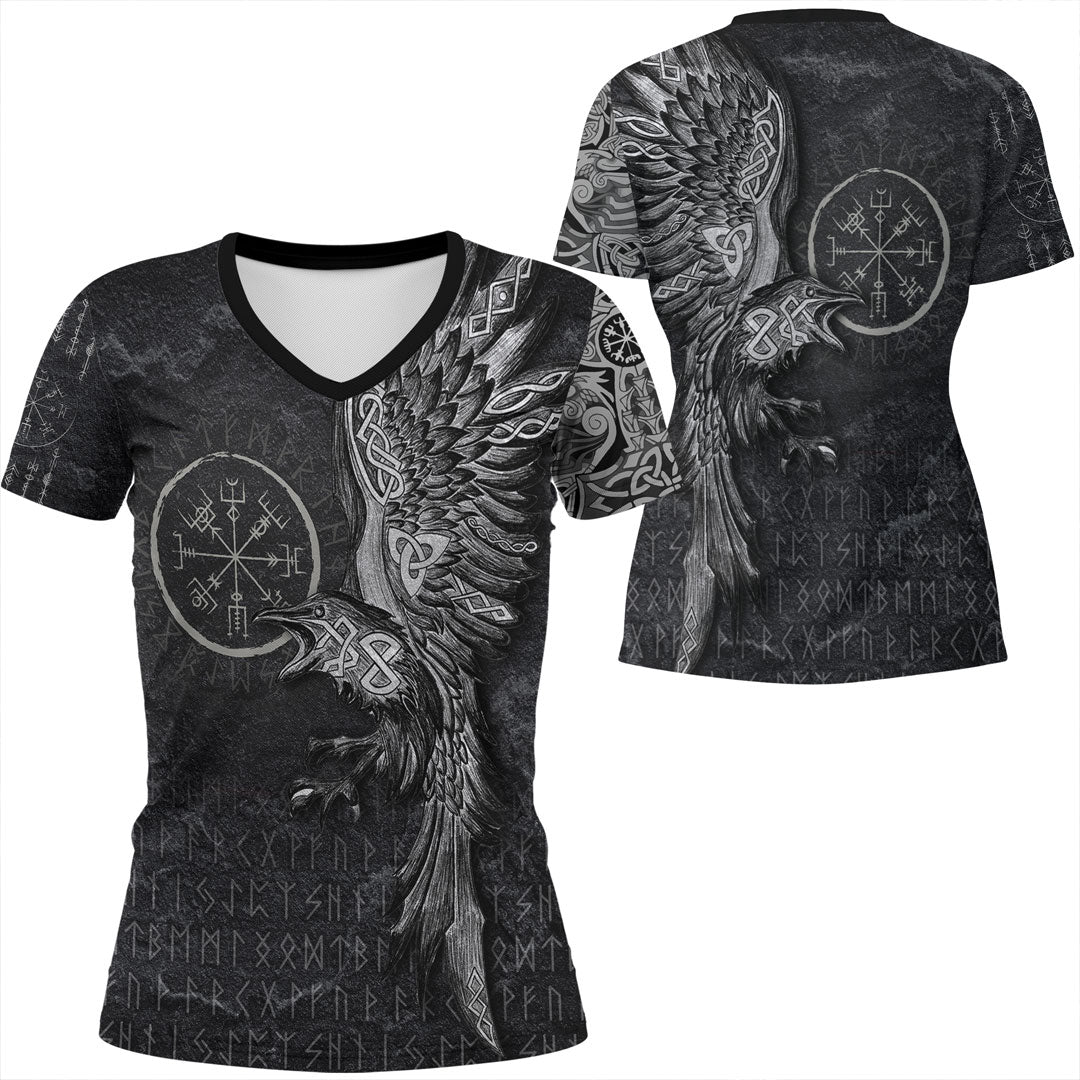 Viking Clothing Vegvisir With Raven Viking Compass V Neck T shirt RLT12 - Wonder Print Shop