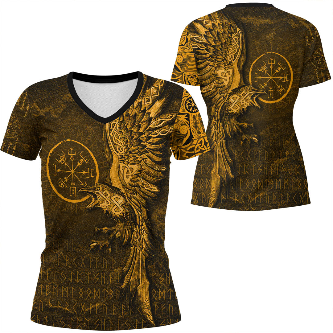 Viking Clothing Vegvisir With Raven Viking Compass Gold Version V Neck T shirt RLT12 - Wonder Print Shop