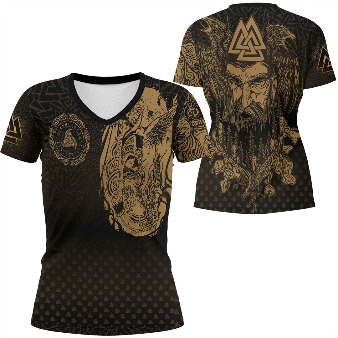 Viking Clothing Viking Odin Raven Tattoo Style Gold Version V Neck T shirt RLT12 - Wonder Print Shop
