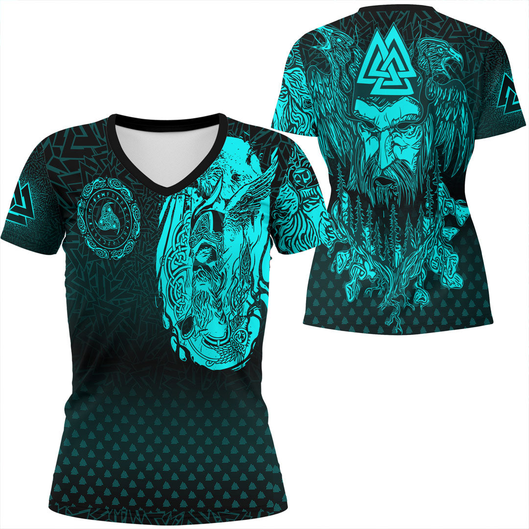 Viking Clothing Viking Odin Raven Tattoo Style Cyan Version V Neck T shirt RLT12 - Wonder Print Shop