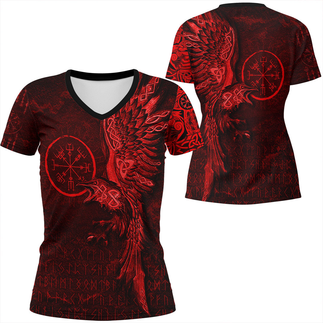 Viking Clothing Vegvisir With Raven Viking Compass V Neck T shirt Red Version RLT12 - Wonder Print Shop