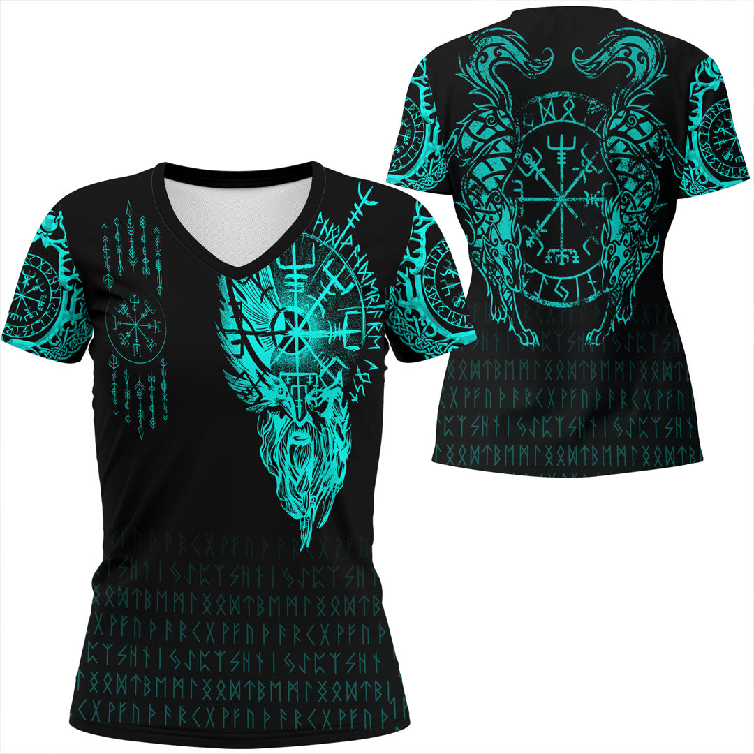 Viking Clothing Viking Compass Vegvisir Tattoo Cyan Version V Neck T shirt RLT12 - Wonder Print Shop