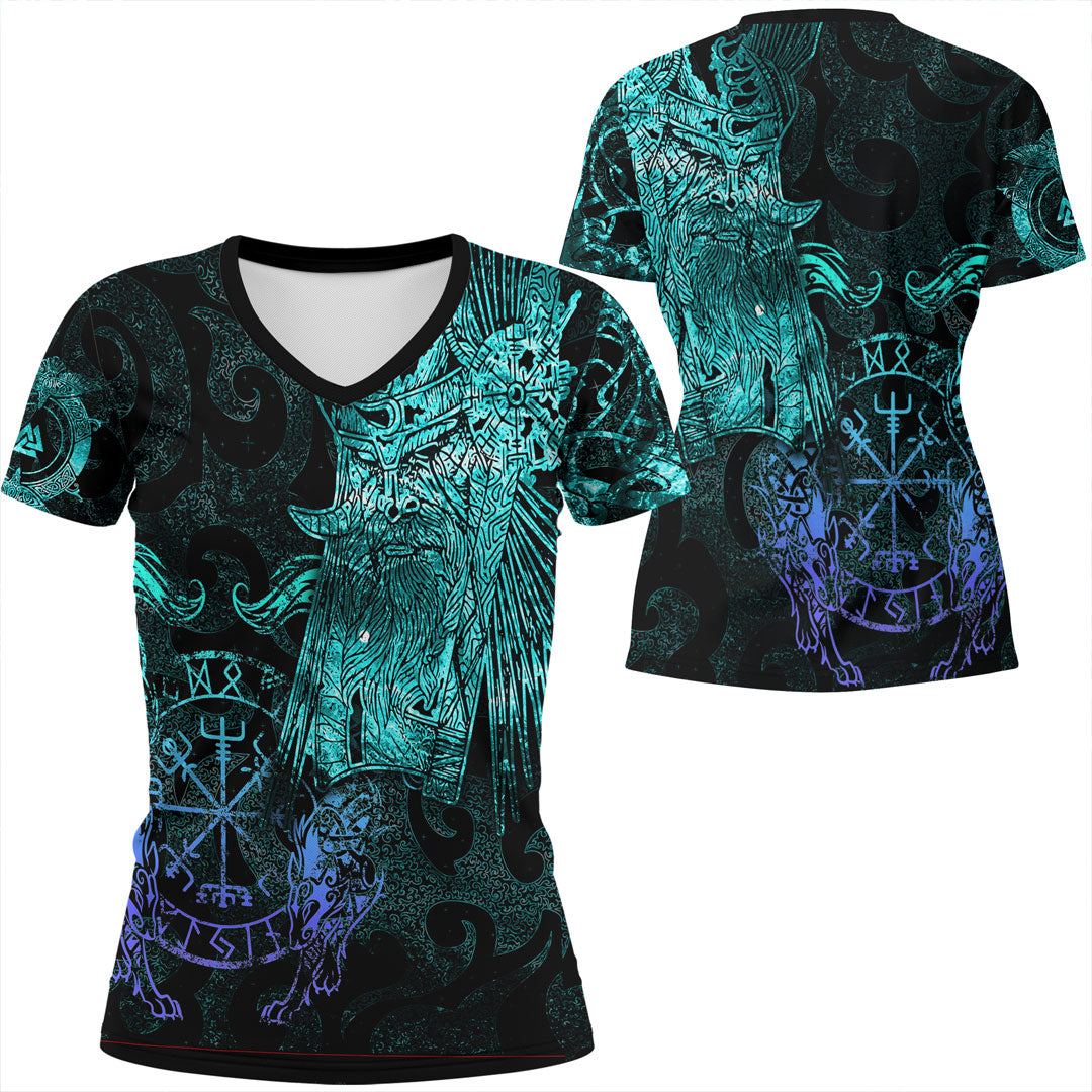 Viking Clothing Viking Odin Tattoo Cyan Version V Neck T shirt RLT12 - Wonder Print Shop