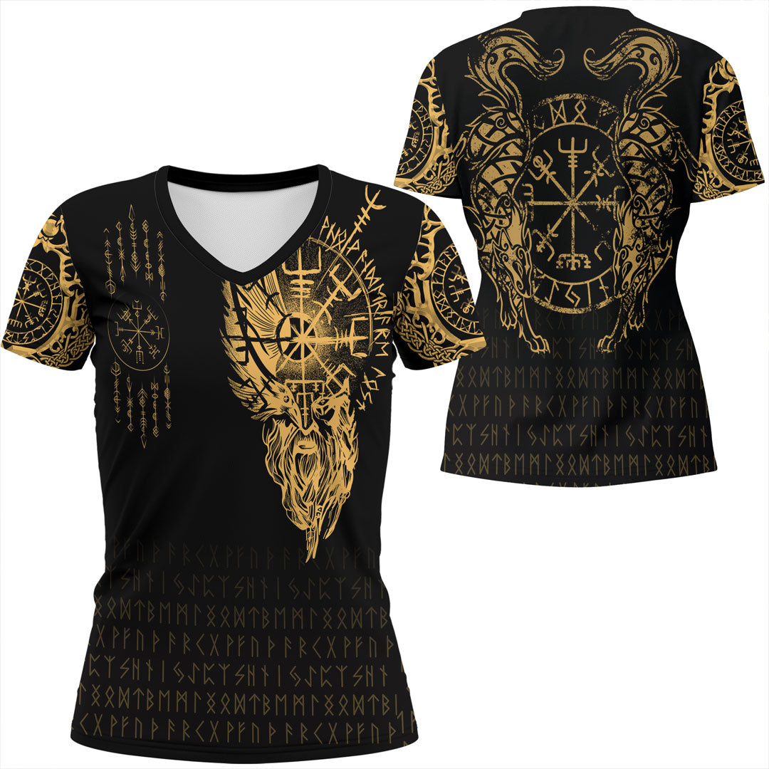 Viking Clothing Viking Compass Vegvisir Tattoo Gold Version V Neck T shirt RLT12 - Wonder Print Shop