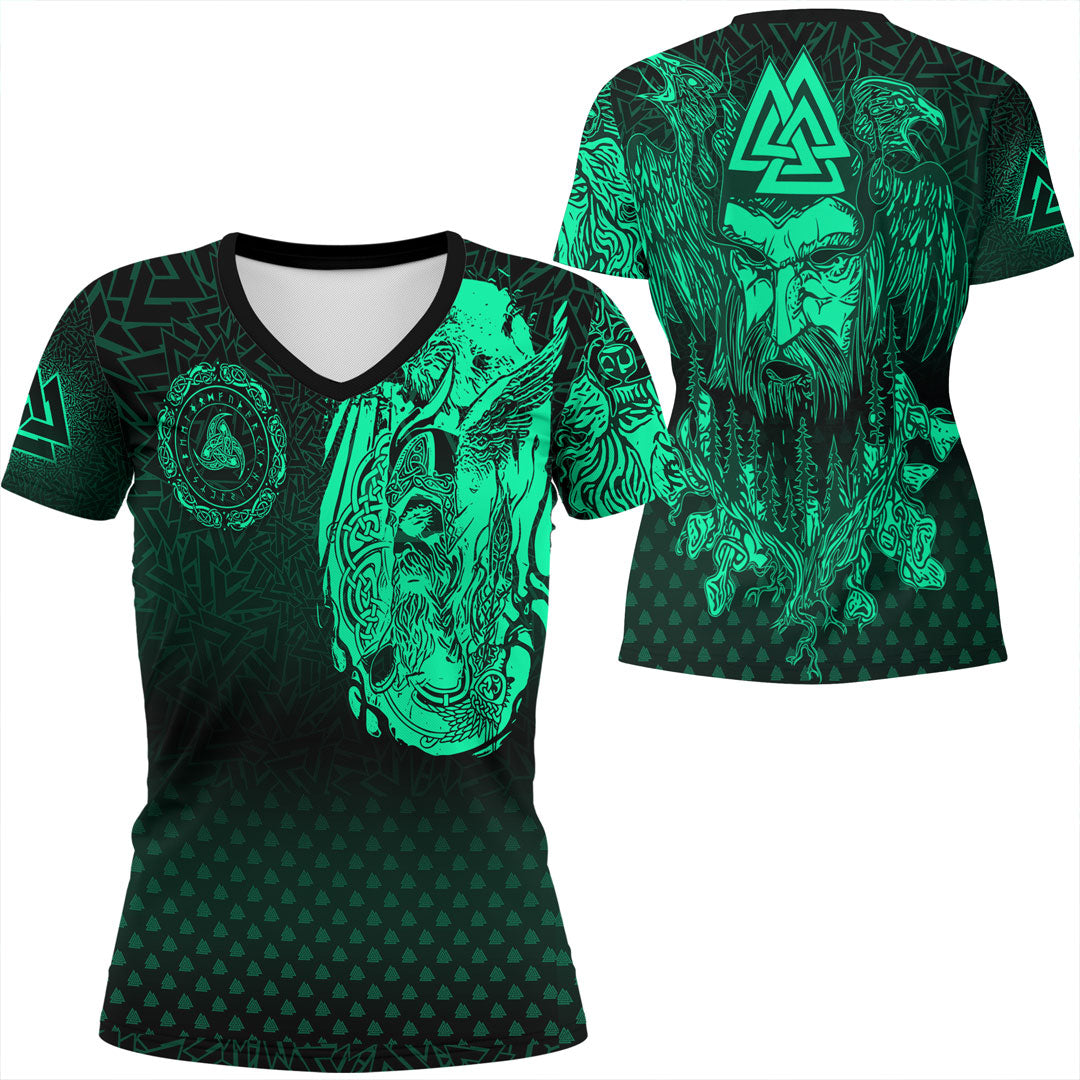 Viking Clothing Viking Odin Raven Tattoo Style Green Version V Neck T shirt RLT12 - Wonder Print Shop