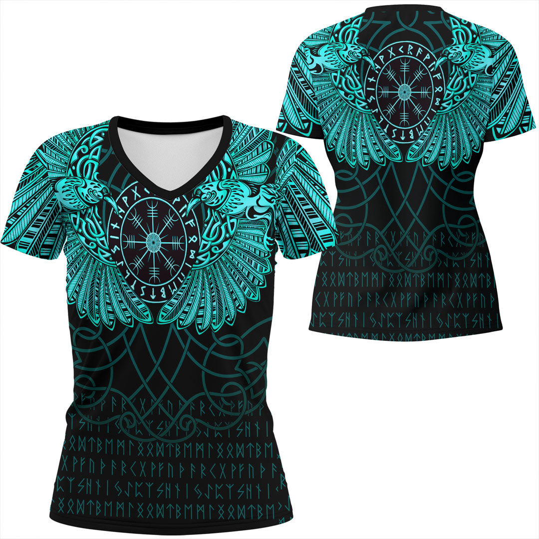 Viking Clothing Viking Odin's Celtic Two Ravens Cyan Version V Neck T shirt RLT12 - Wonder Print Shop