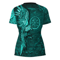Viking Clothing Vegvisir With Raven Viking Compass V Neck T shirt Cyan Version RLT12 - Wonder Print Shop