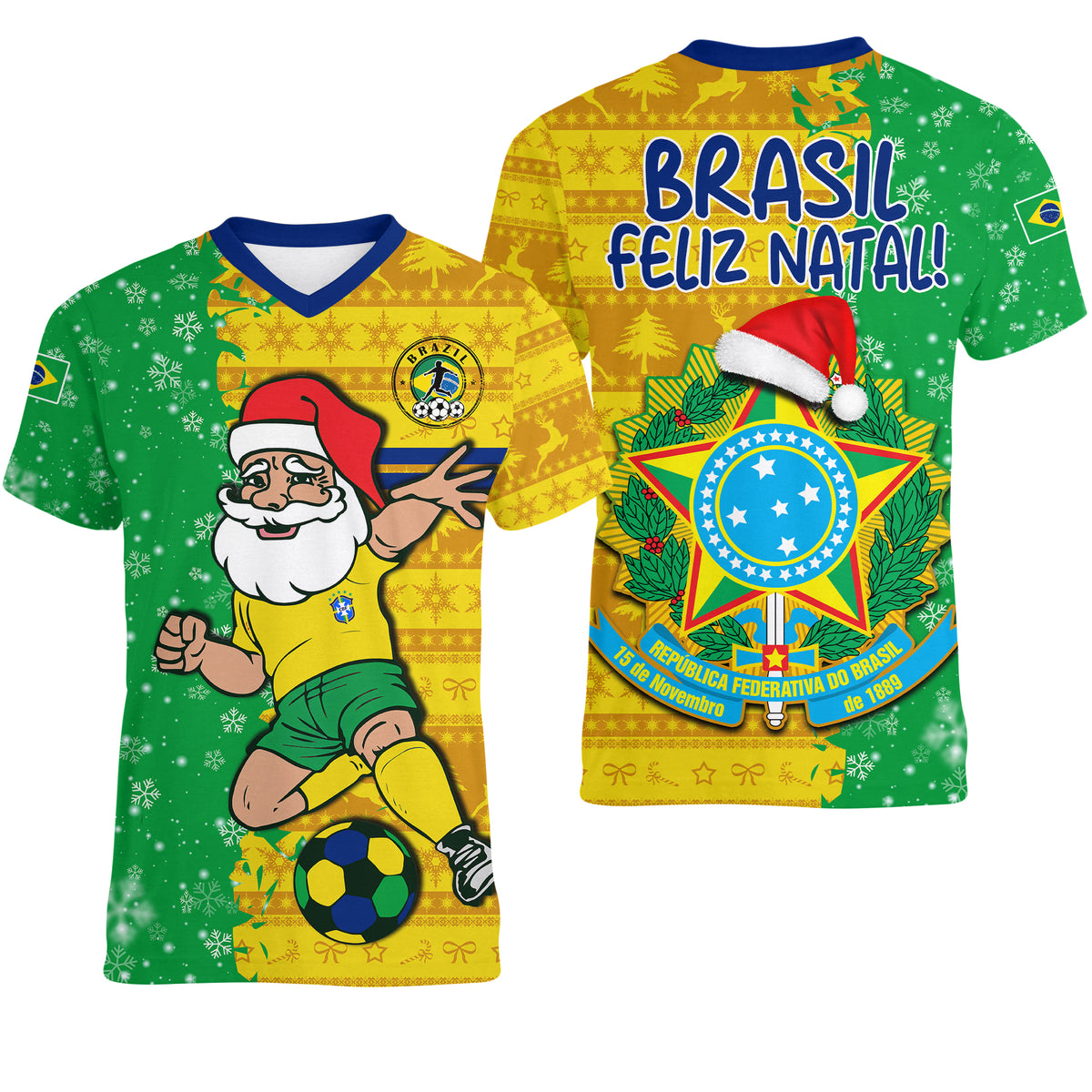 Brazil Football V Neck T Shirt Christmas Santa Claus Selecao Champions LT13 - Wonder Print Shop