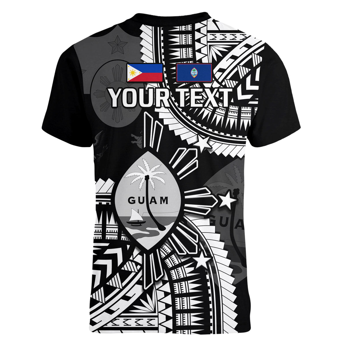 (Custom Personalised) Guam and Philippines V-Neck T Shirt Guaman Filipinas Together Black - Wonder Print Shop
