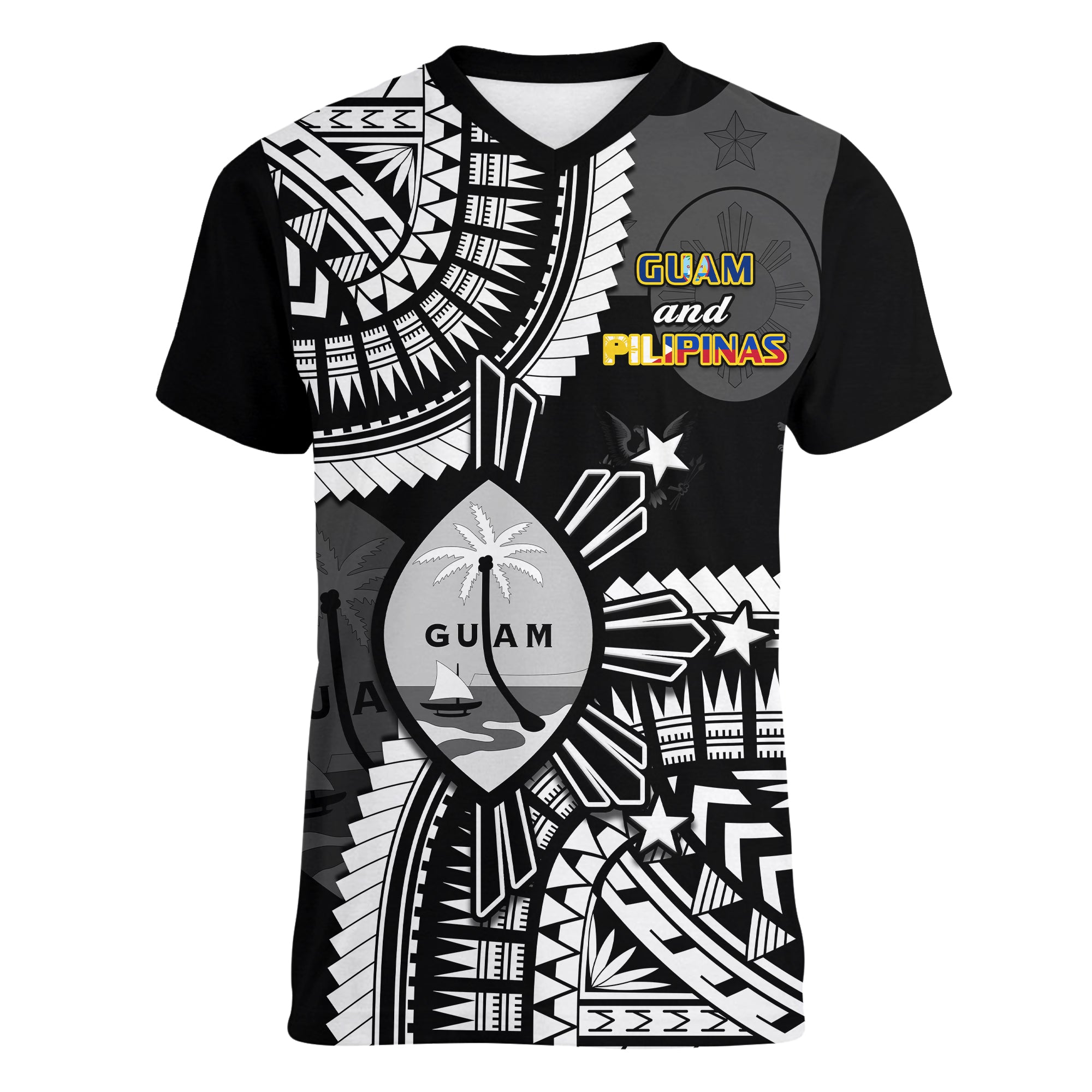 (Custom Personalised) Guam and Philippines V-Neck T Shirt Guaman Filipinas Together Black - Wonder Print Shop