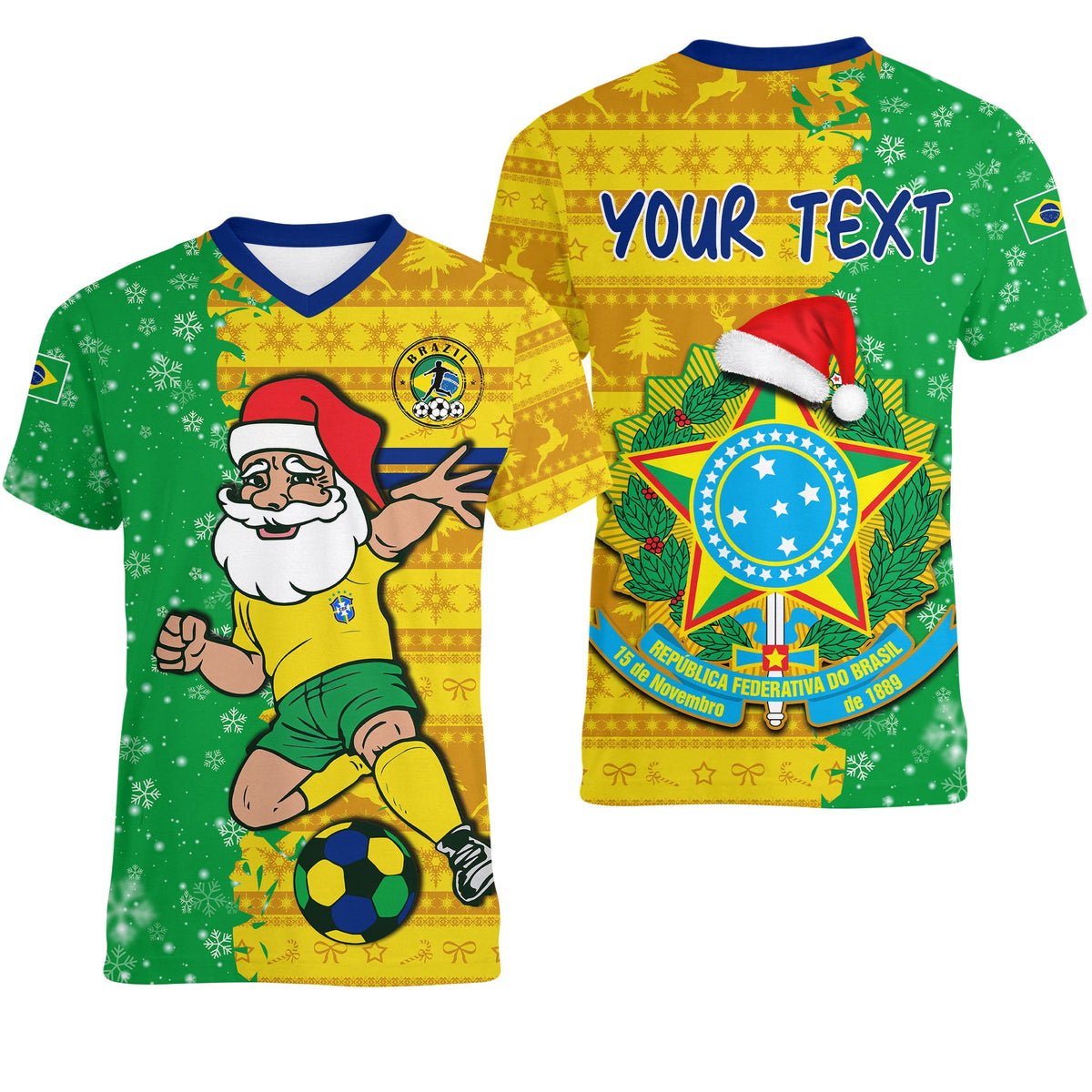 Custom Brazil Football V Neck T Shirt Christmas Santa Claus Selecao Champions LT13 - Wonder Print Shop