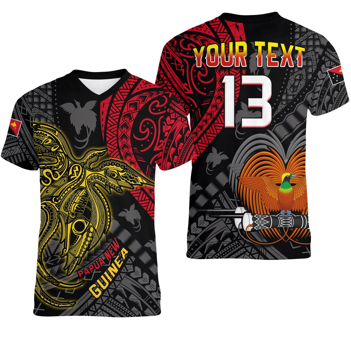 Custom Text and Number Papua New Guinea V Neck T Shirt Raggiana Birds Of Paradise Happy 47th Independence Day LT13 - Wonder Print Shop