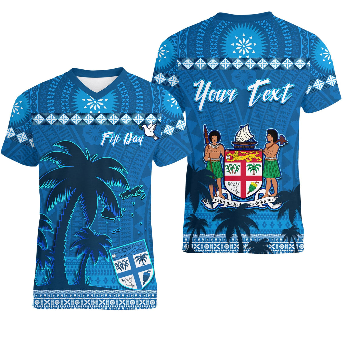 Custom Bula Fiji Day V Neck T Shirt Fijian Tapa with Palm Tree 52nd Anniversary LT13 - Wonder Print Shop