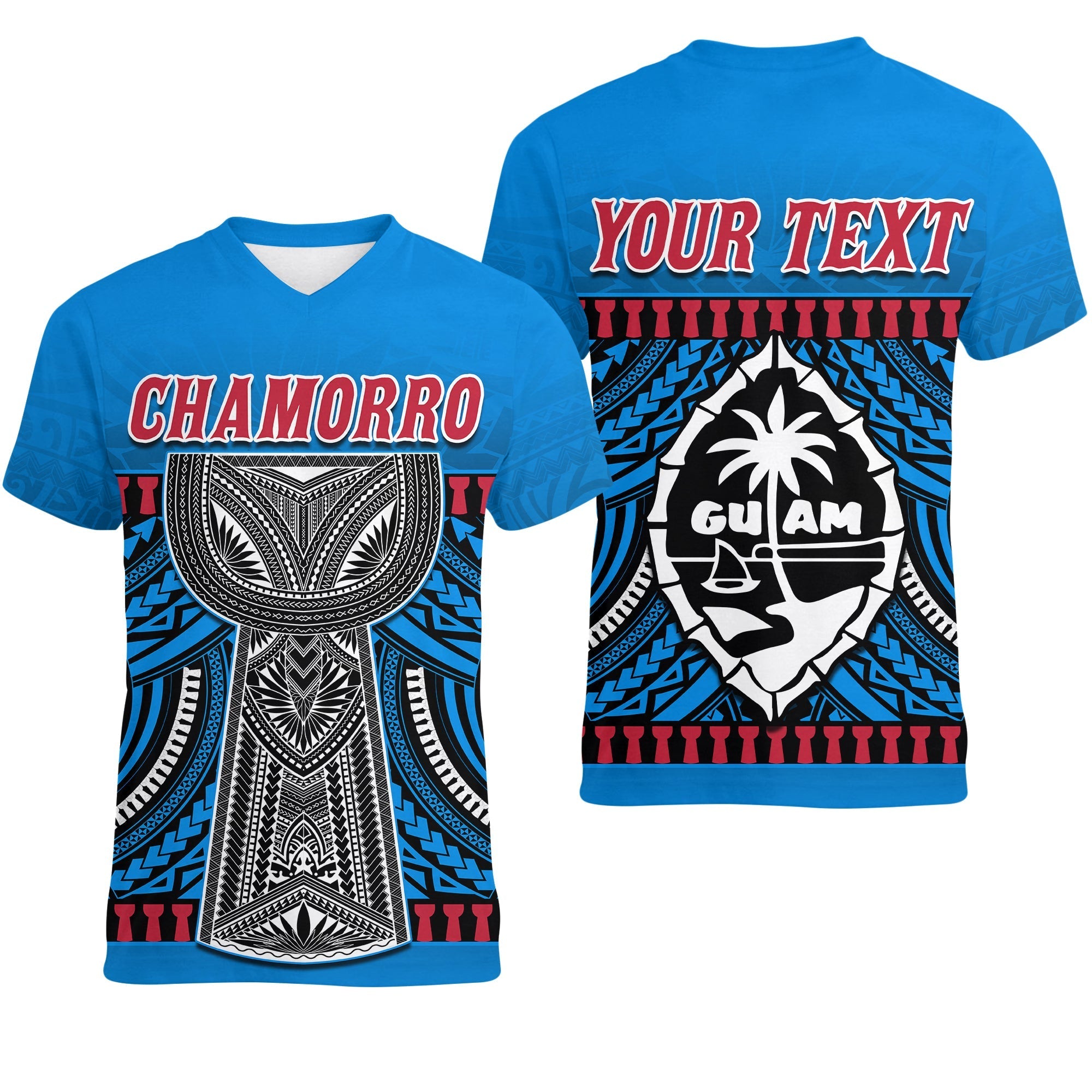 Custom Guam Chamorro V neck T Shirt Latte Stone Blue Polynesian Haligi LT13 - Wonder Print Shop
