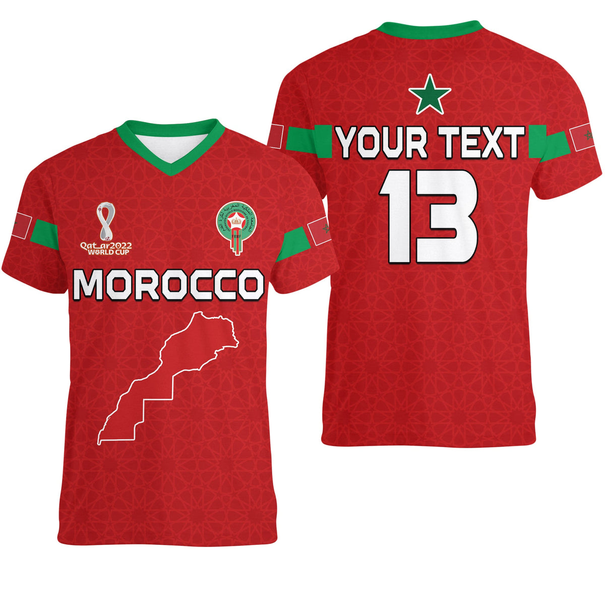 Custom Morocco Football V Neck T Shirt Champions World Cup New History LT13 - Wonder Print Shop