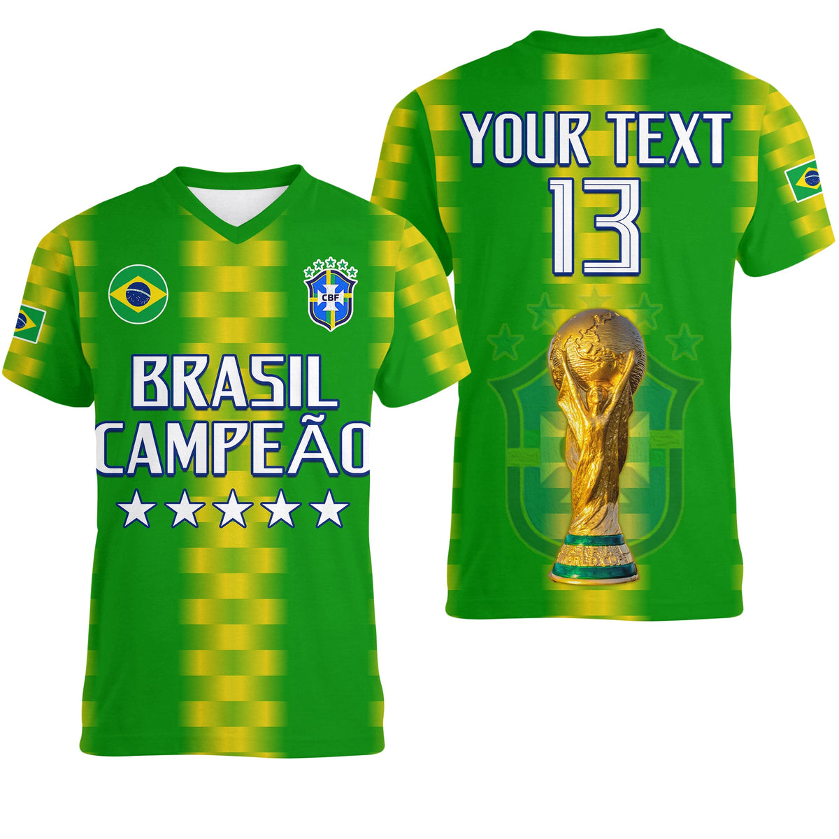 Custom Brazil Football Champions V Neck T Shirt Proud Selecao LT13 - Wonder Print Shop