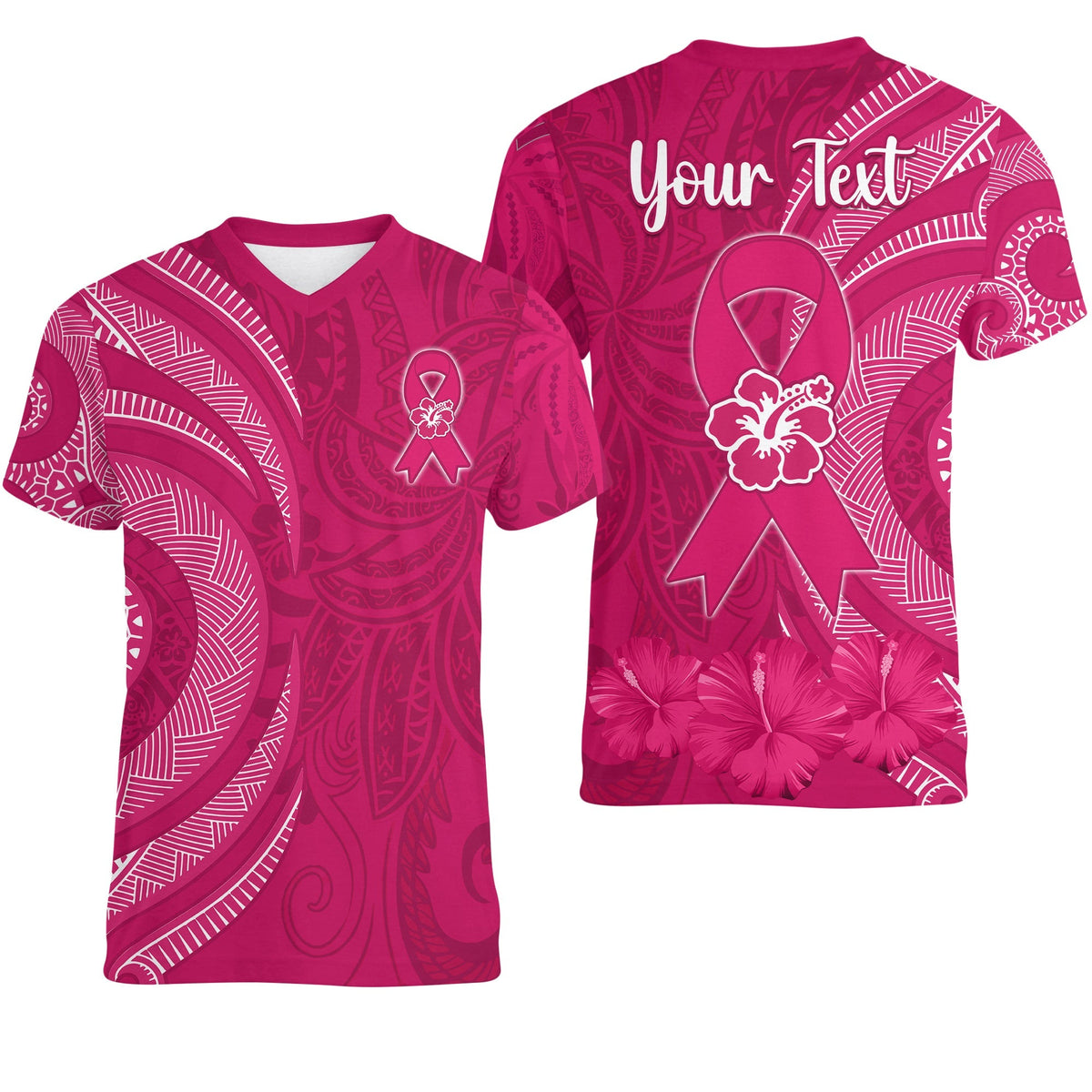 Custom Breast Cancer Awareness V Neck T Shirt Hibiscus Polynesian No One Fights Alone LT13 - Wonder Print Shop