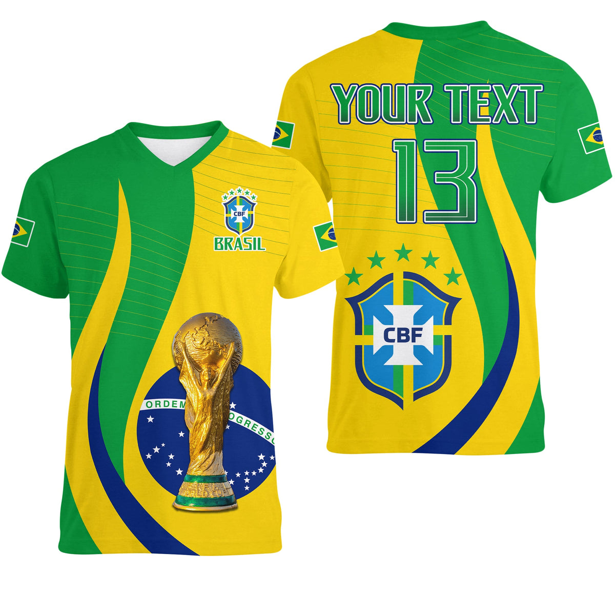 Custom Brazil Football Champions V Neck T Shirt Selecao Style Vibe LT13 - Wonder Print Shop