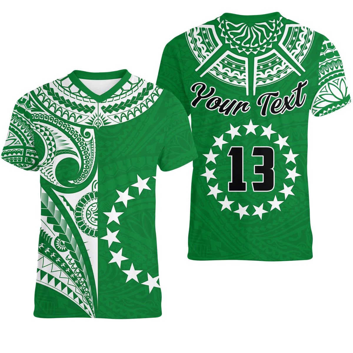Custom Cook Islands Tatau V Neck T Shirt Symbolize Passion Stars Version Green LT13 - Wonder Print Shop