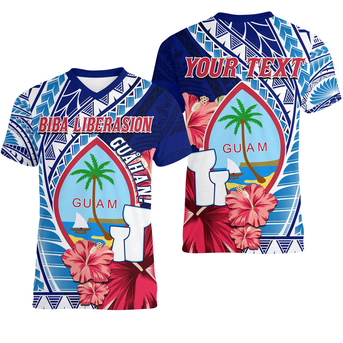 Custom Guam Chamorro V neck T Shirt Happy Liberation Day Latte Stone LT13 - Wonder Print Shop