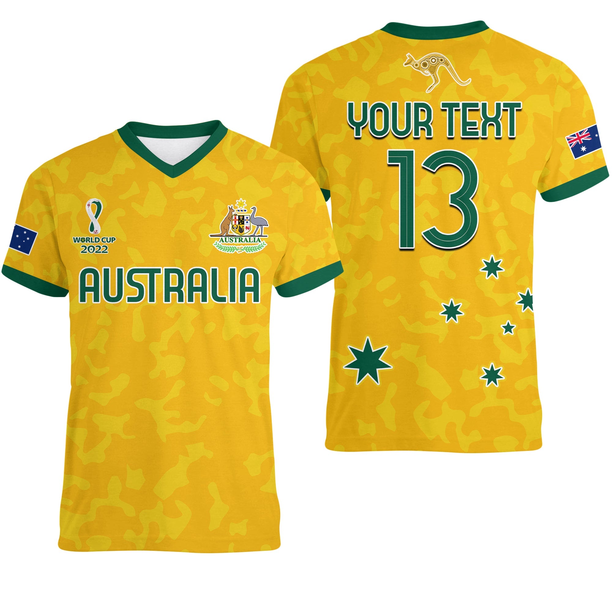 custom-text-and-number-australia-soccer-v-neck-t-shirt-world-cup-football-2022-socceroos-with-kangaroos
