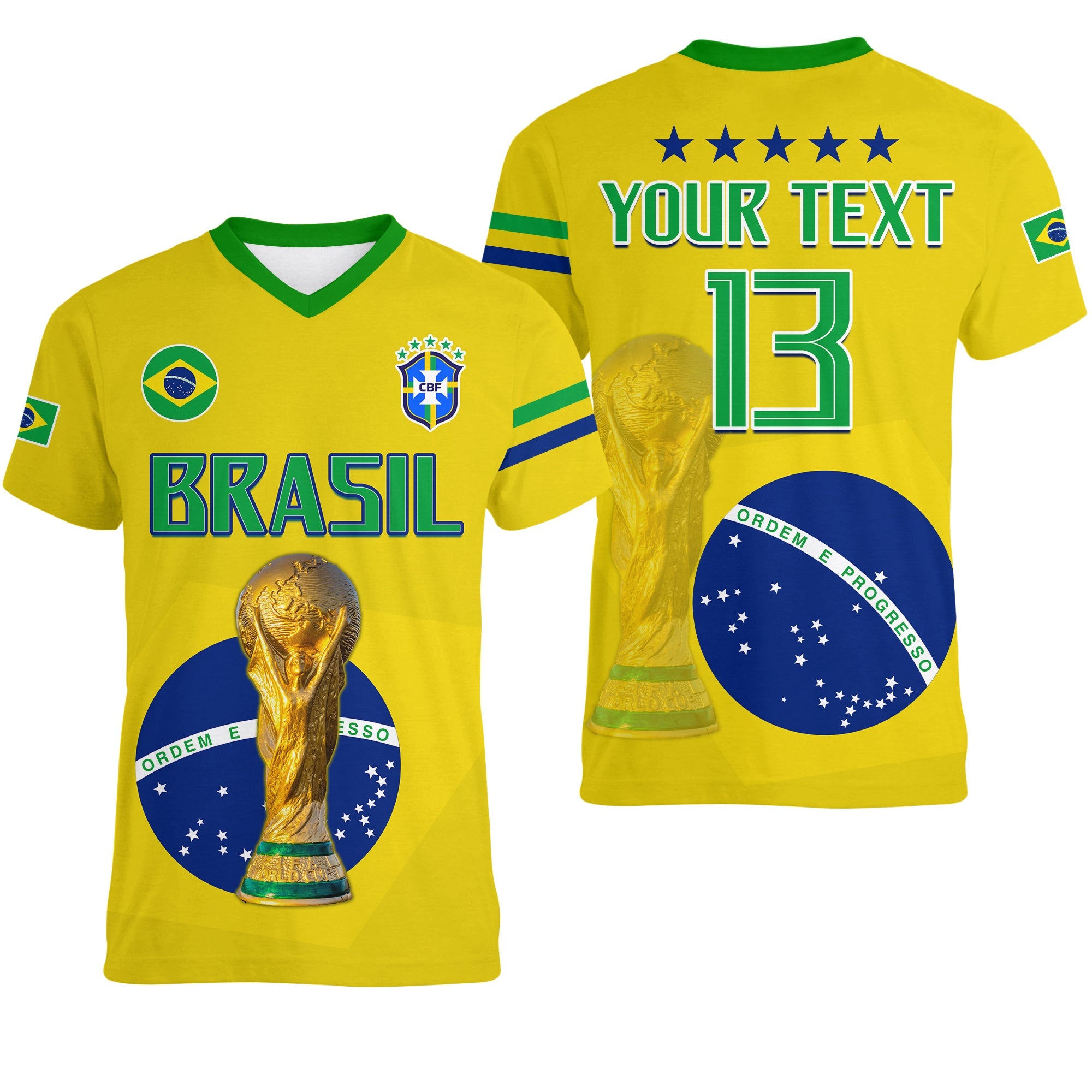 Custom Brazil Football V Neck T Shirt Go Champions Selecao Campeao LT13 - Wonder Print Shop