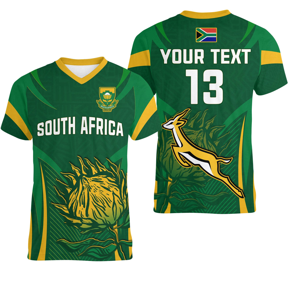 Custom South Africa Rugby V Neck T Shirt Springboks Champion LT13 - Wonder Print Shop