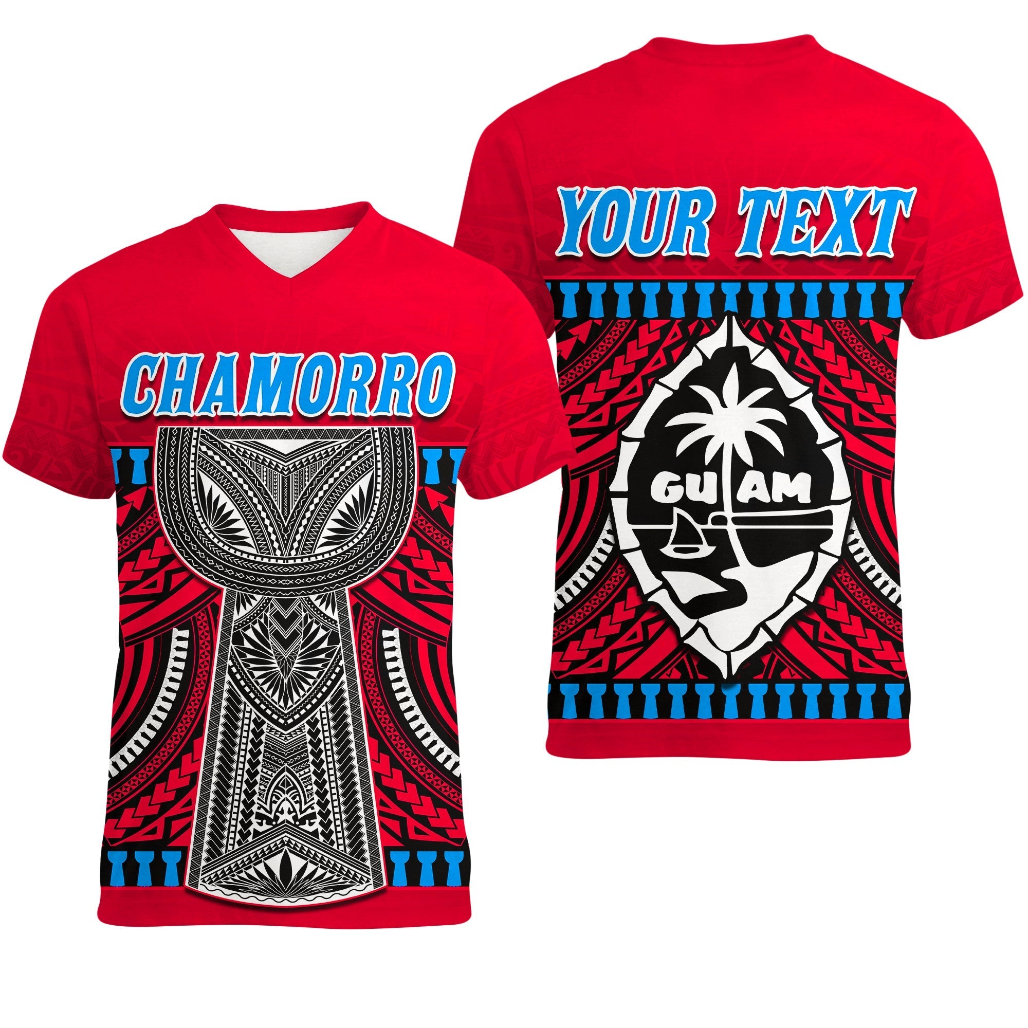 Custom Guam Chamorro V neck T Shirt Latte Stone Red Polynesian Haligi LT13 - Wonder Print Shop