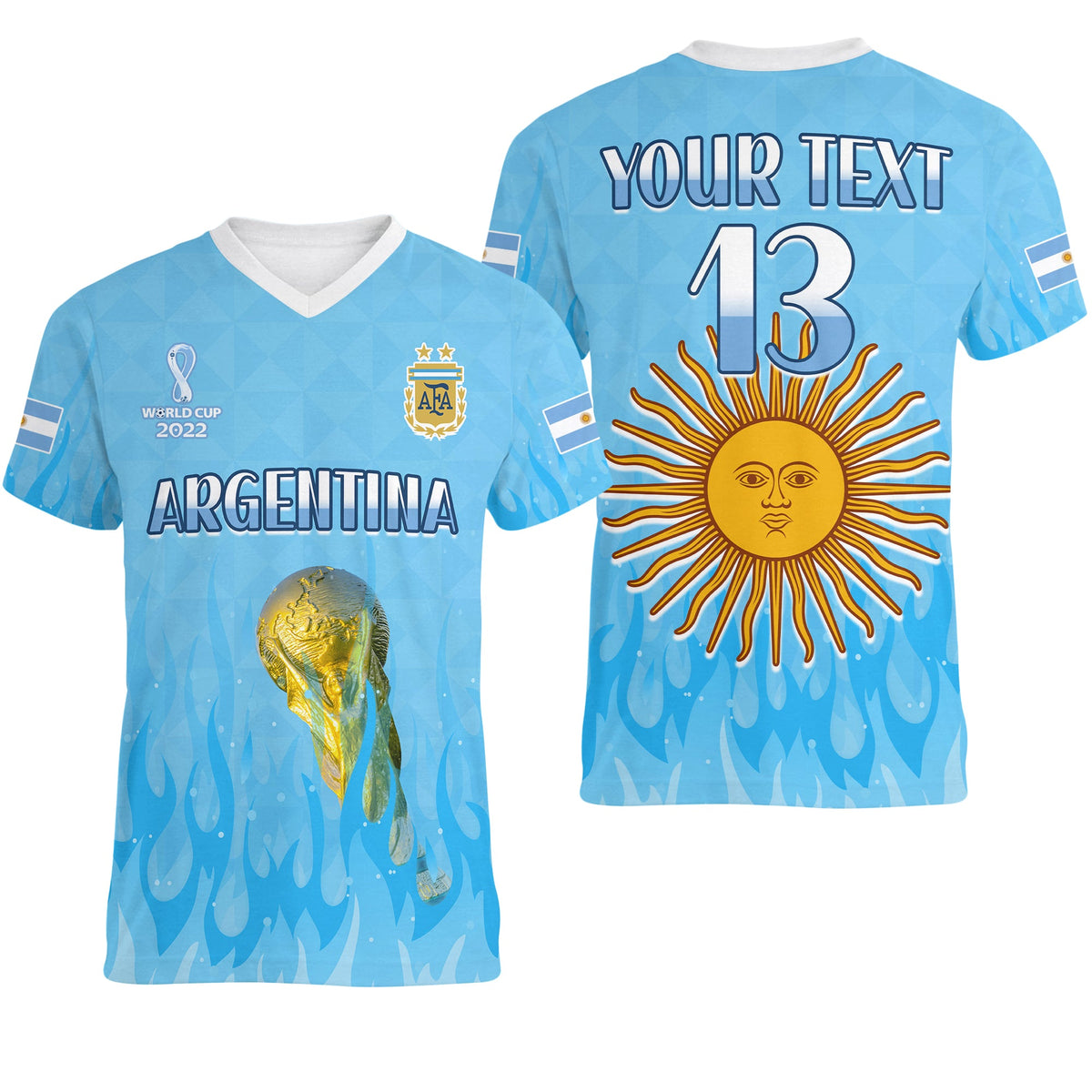 Custom Argentina Football V Neck T Shirt Vamos Sky Champions World Cup Fire LT13 - Wonder Print Shop