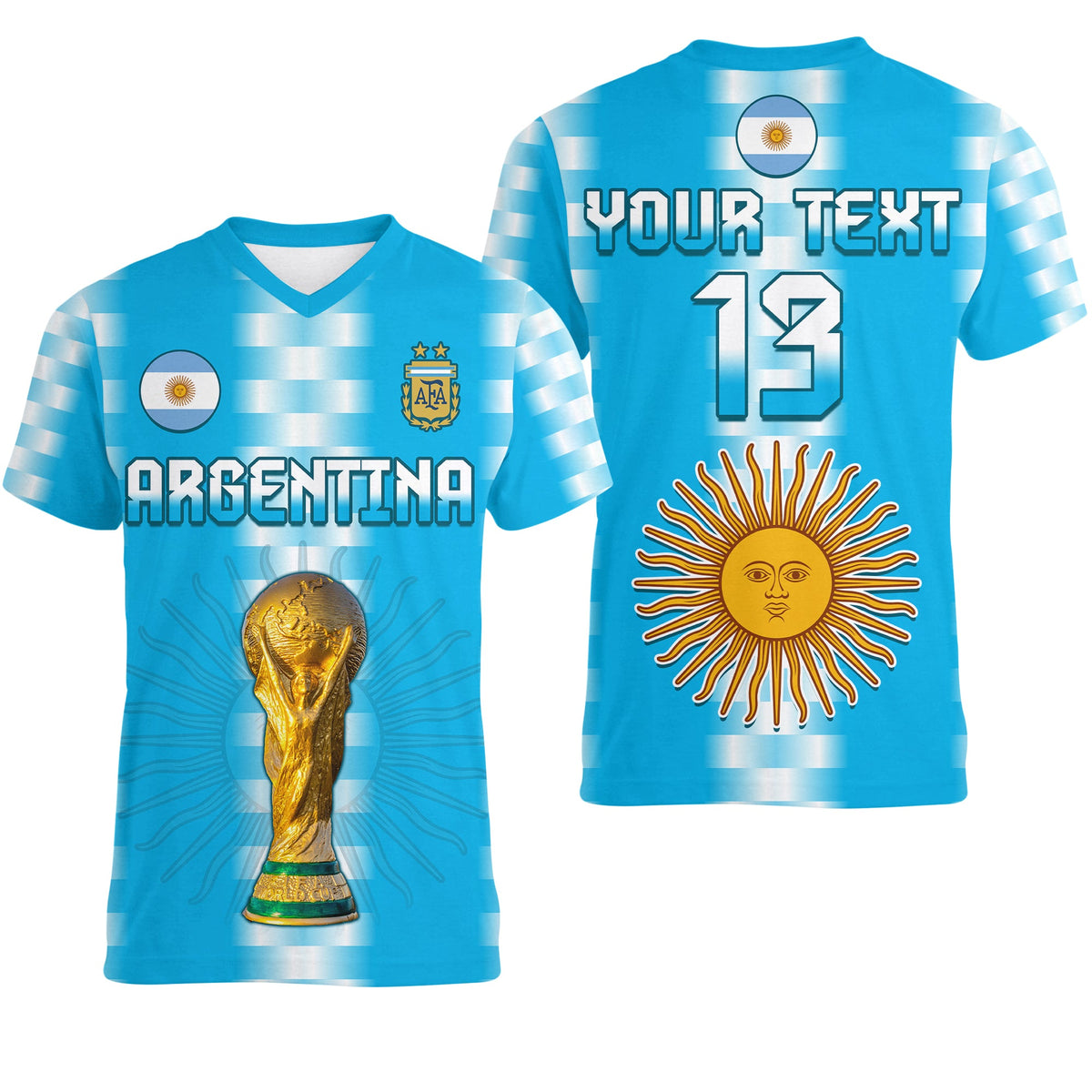 Custom Argentina Football Champions V Neck T Shirt La Albiceleste GOAT LT13 - Wonder Print Shop
