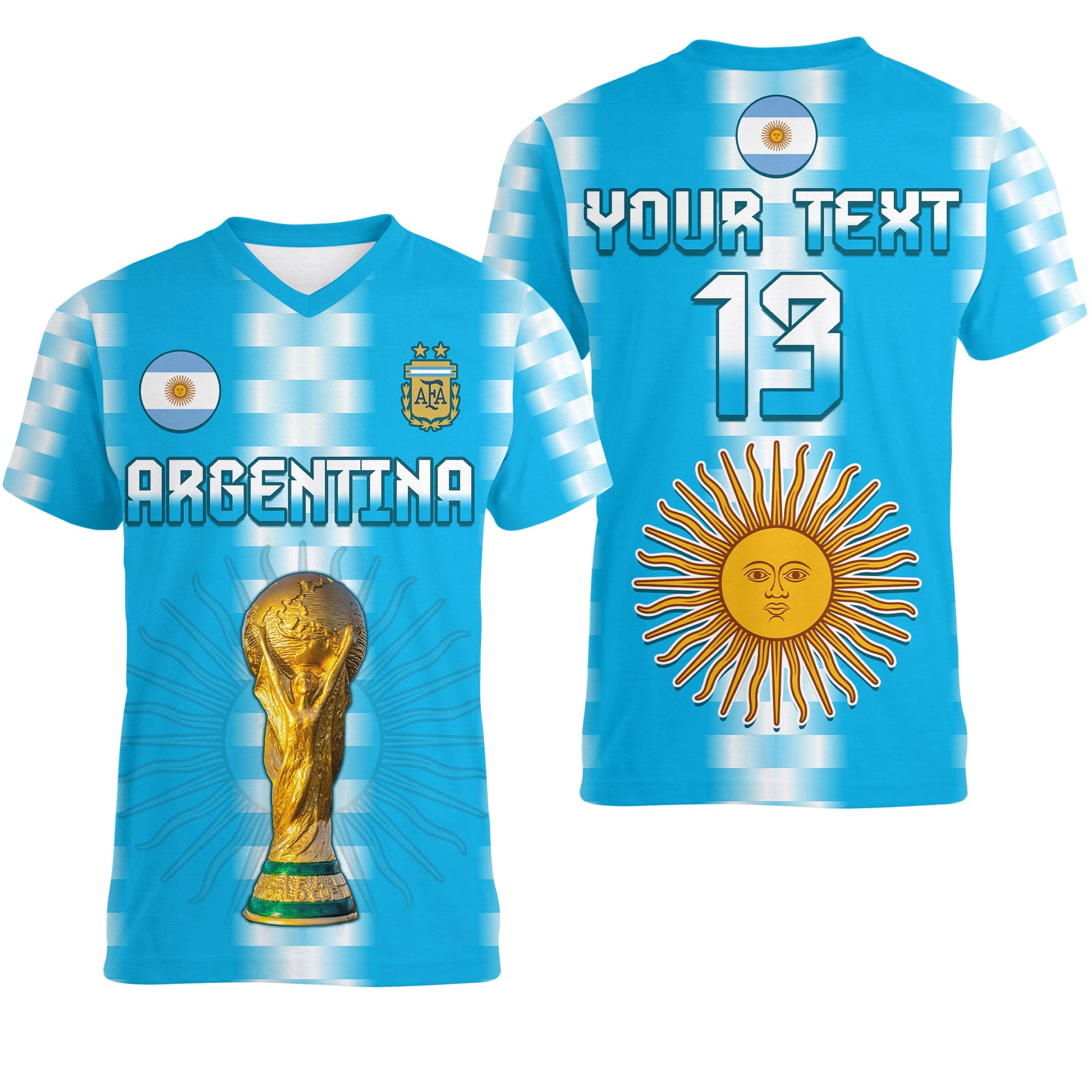 custom-text-and-number-argentina-football-champions-v-neck-t-shirt-la-albiceleste-goat