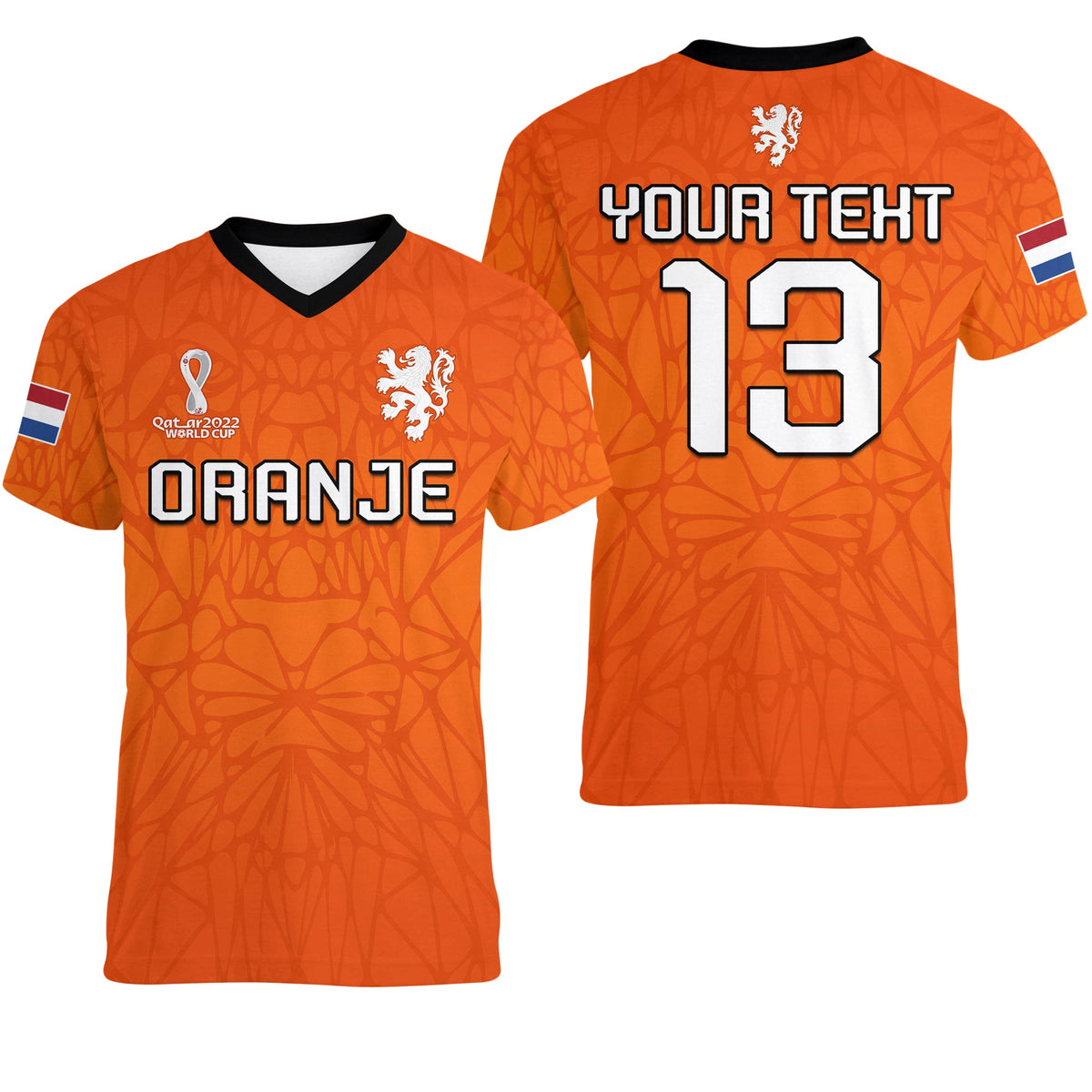 Custom Netherlands Football V Neck T Shirt 2022 Soccer World Cup Oranje Champions LT13 - Wonder Print Shop