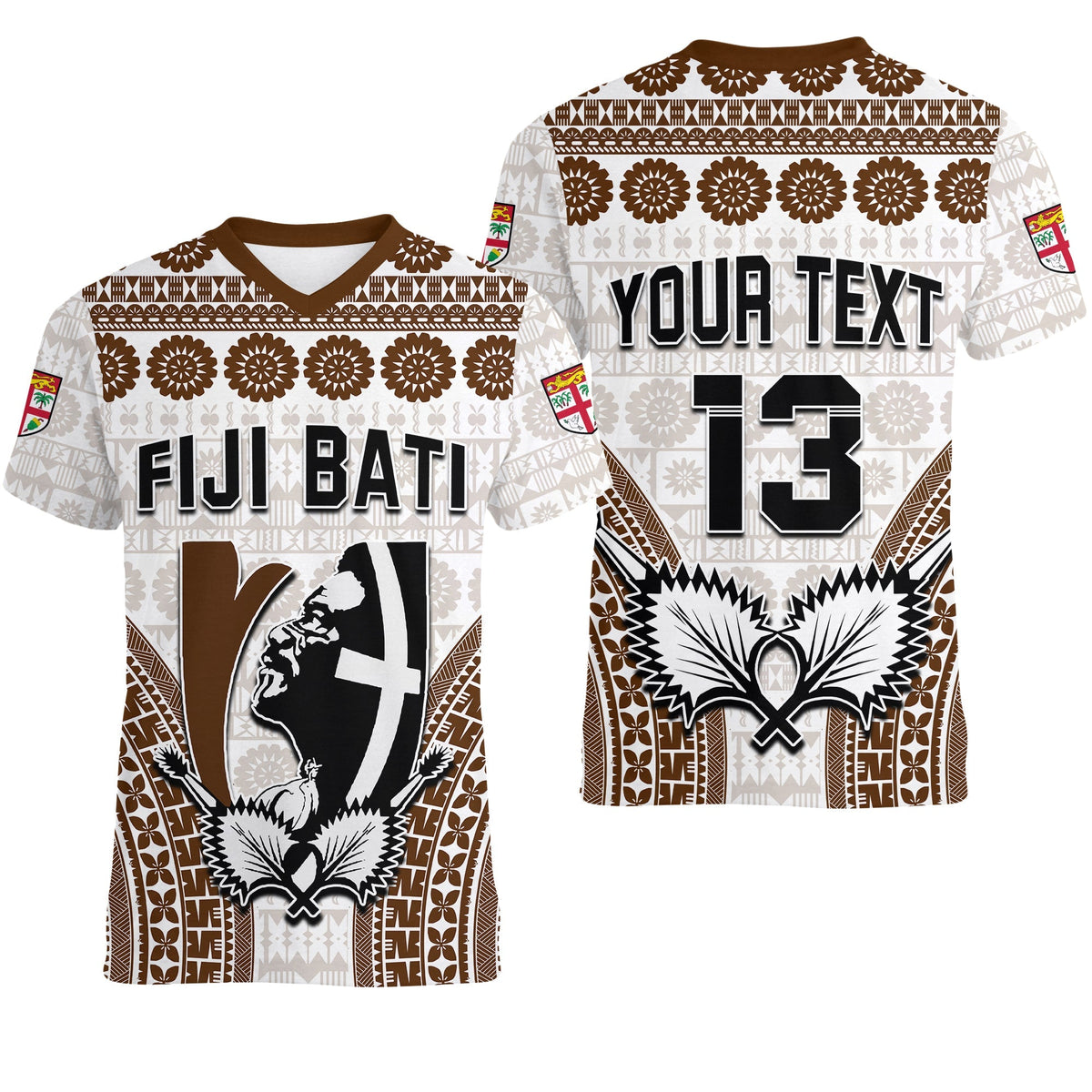 Custom Text and Number Fiji Rugby Bati V Neck T Shirt Proud Tapa Pattern LT13 - Wonder Print Shop