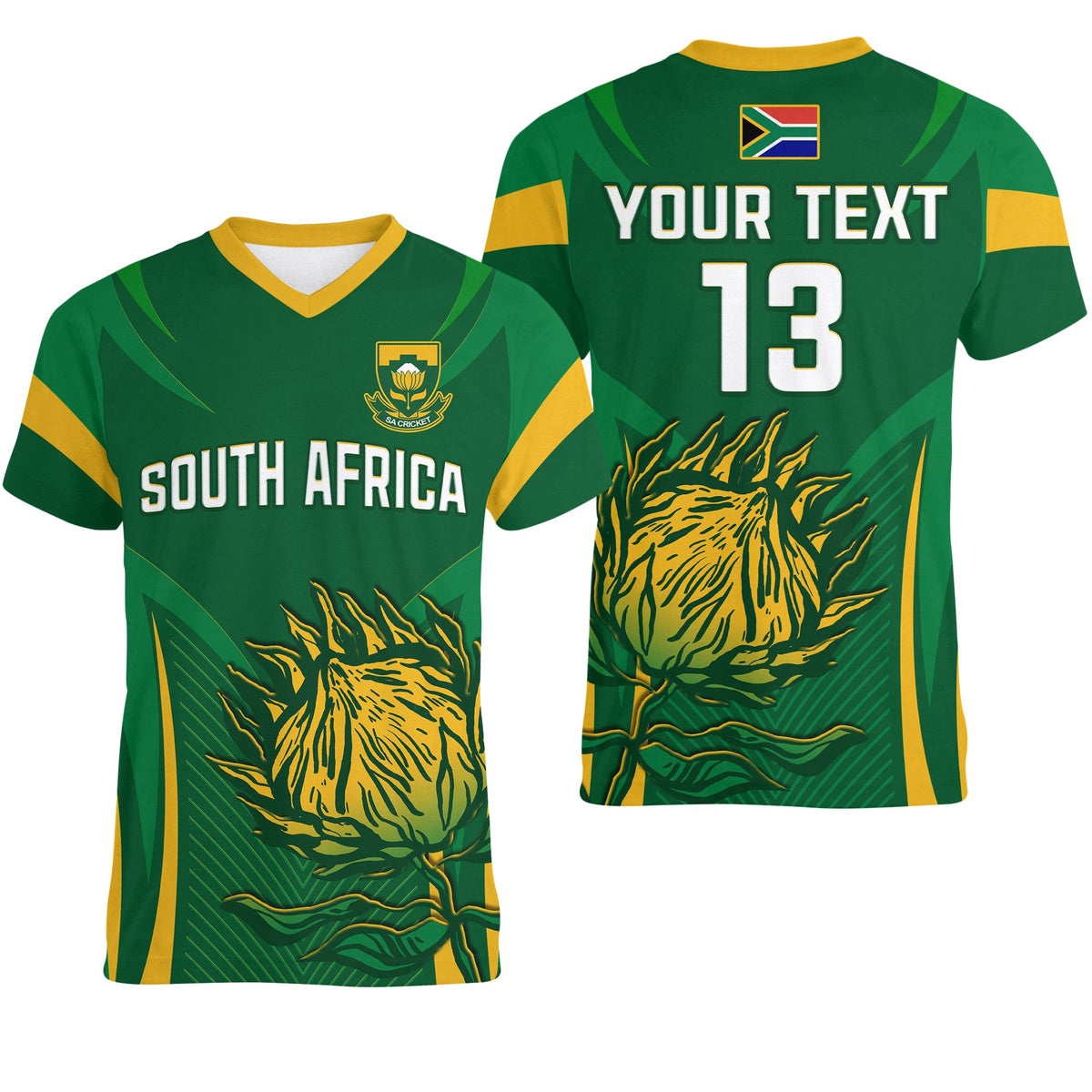 Custom South Africa Cricket V Neck T Shirt Proteas Champion LT13 - Wonder Print Shop