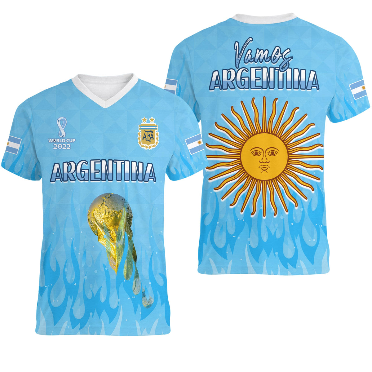 Argentina Football V Neck T Shirt Vamos Sky Champions World Cup Fire LT13 - Wonder Print Shop