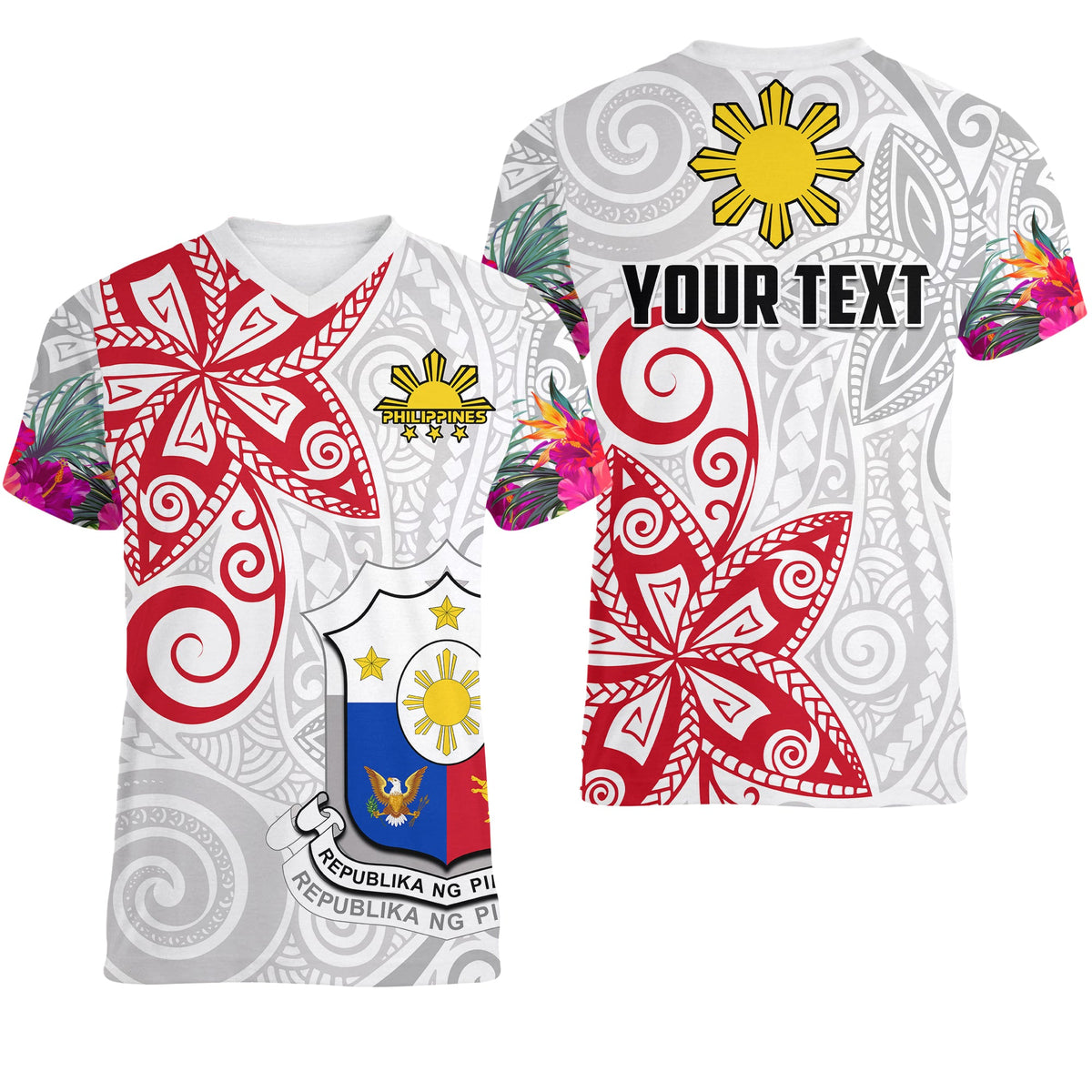 (Custom Personalised) Philippines V-Neck T Shirt Sun Filipino Polynesian mix Flowers White Vibe LT13 - Wonder Print Shop