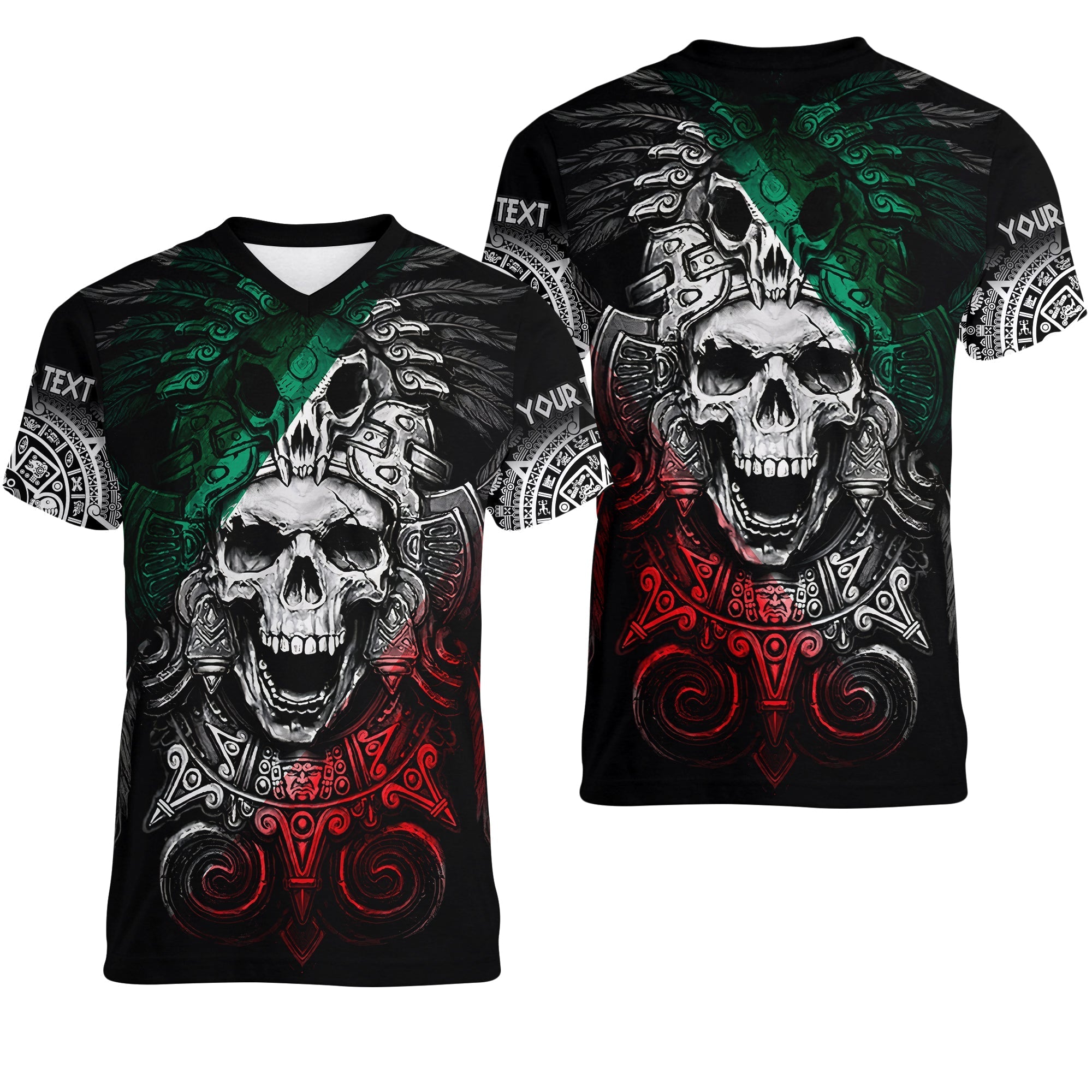 Custom Mexico V Neck T Shirt Skull Eagle Aztec LT13 - Wonder Print Shop