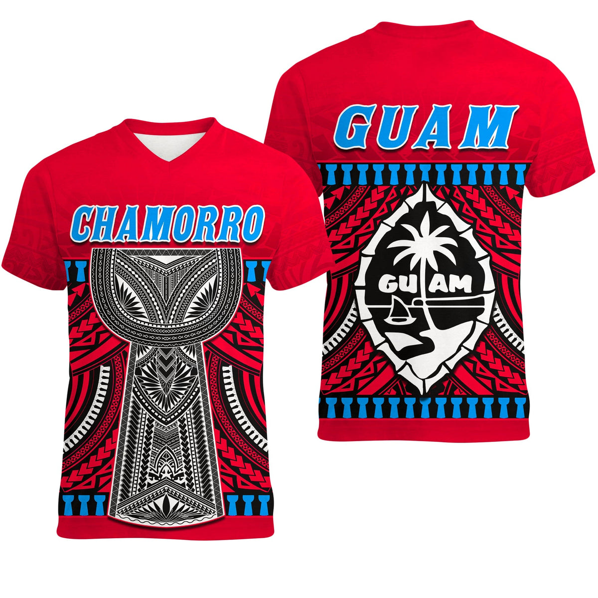 Guam Chamorro V neck T Shirt Latte Stone Red Polynesian Haligi LT13 - Wonder Print Shop