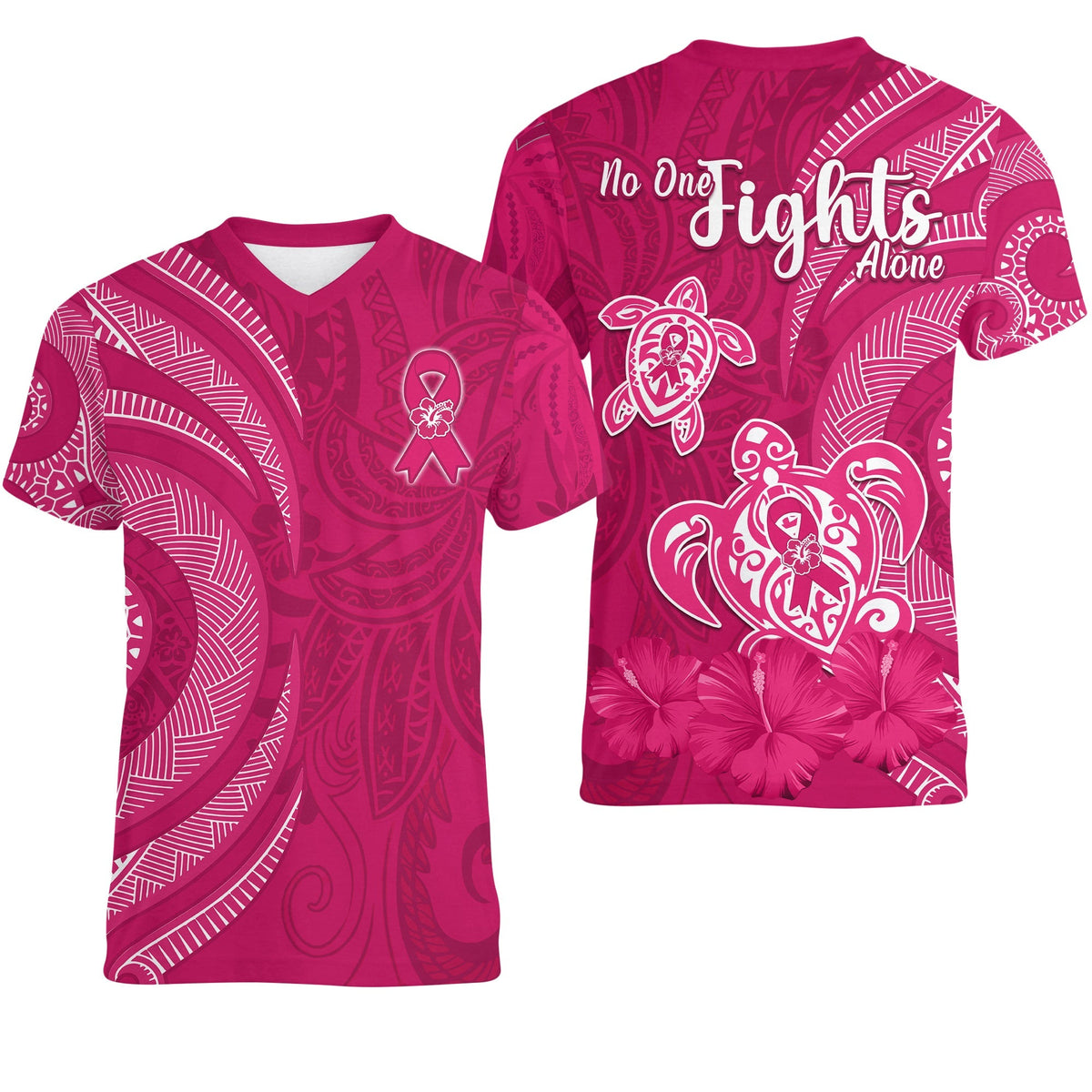 Breast Cancer Awareness V Neck T Shirt Hibiscus Polynesian No One Fights Alone LT13 - Wonder Print Shop