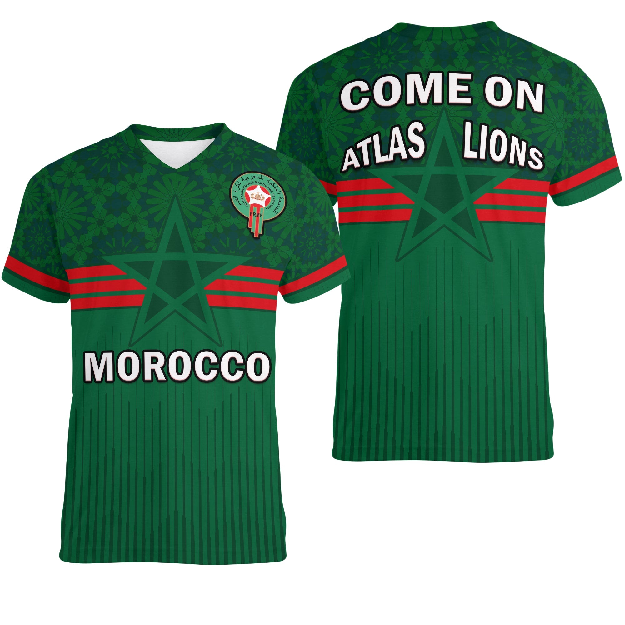Morocco Football V Neck T Shirt World Cup 2022 Green Moroccan Pattern - Wonder Print Shop