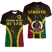 Black V-neck tee with Vanuatu figure graphic and tribal pattern